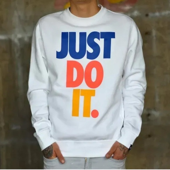 Nike Men's White Crewneck Vintage Style with Blue and Orange Text - Picture 1 of 3